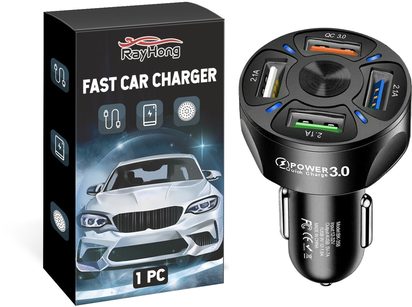 4-Port Fast Car Charger – QC3.0 + 3 USB 2.1A, Multi-Device Charging with Overcharge Protection