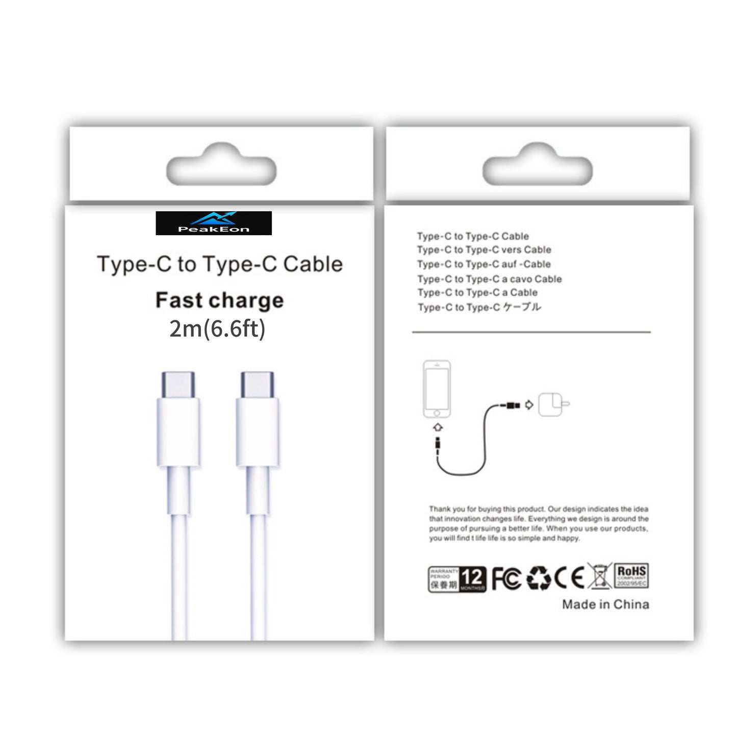 PeakEon 6.6FT (2M) Type-C to Type-C Fast Charging Cable | 60W PD, 3A High-Speed Data Sync for Smartphones,tablets,smartwatches,Laptop and More