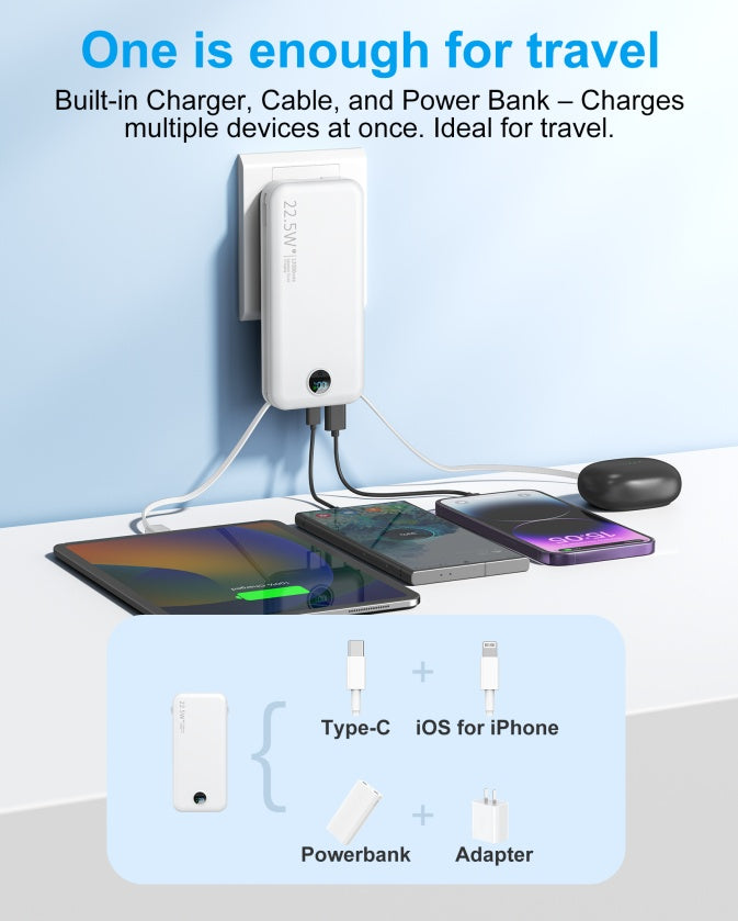 Power Bank 22.5 WQuick Charging with AC Socket, Dual-Wire Hose Design (Type-C + LightLine)