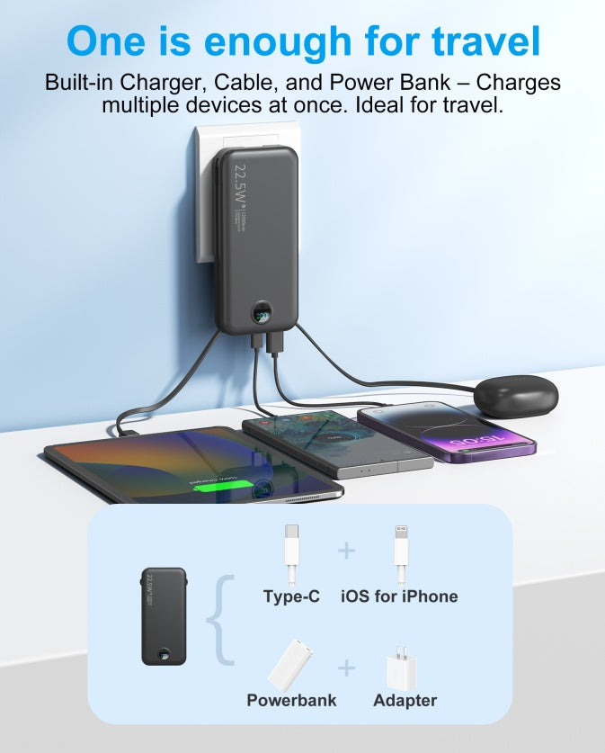 Power Bank 22.5 WQuick Charging with AC Socket, Dual-Wire Hose Design (Type-C + LightLine)