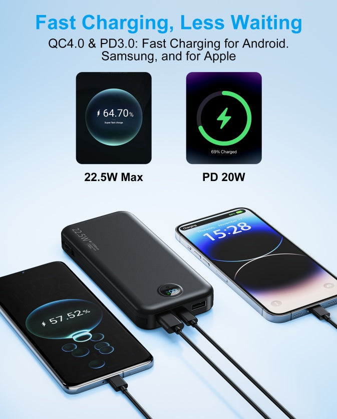 Power Bank 22.5 WQuick Charging with AC Socket, Dual-Wire Hose Design (Type-C + LightLine)