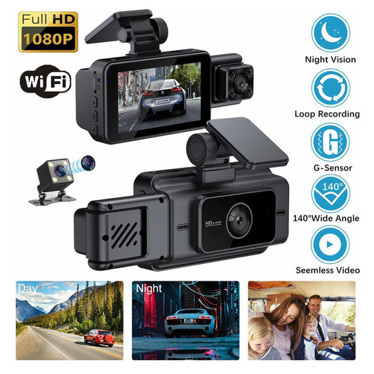 3-Channel Dash Cam with Night Vision – 1080P FHD, WDR, Motion Detection & G-Sensor (Black)