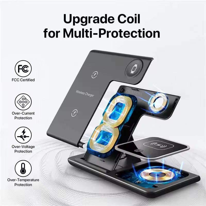 PeakEon Foldable 3-in-1 Magnetic Charging Station, 15W Fast Wireless Charger Stand for Phone, Earphones, Smart Watch,Tablets