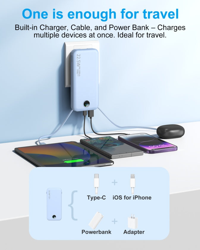 Power Bank 22.5 WQuick Charging with AC Socket, Dual-Wire Hose Design (Type-C + LightLine)
