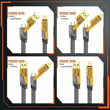 PeakEon 4-in-1 Fast Charging and Data Cable- USB-A to Lightning/Type-C, USB-C to Lightning/Type-C, High-Speed 480Mbps Data Transfer, Durable Nylon Braided Multi Charger