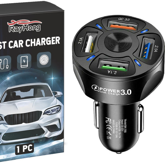 4-Port Fast Car Charger – QC3.0 + 3 USB 2.1A, Multi-Device Charging with Overcharge Protection