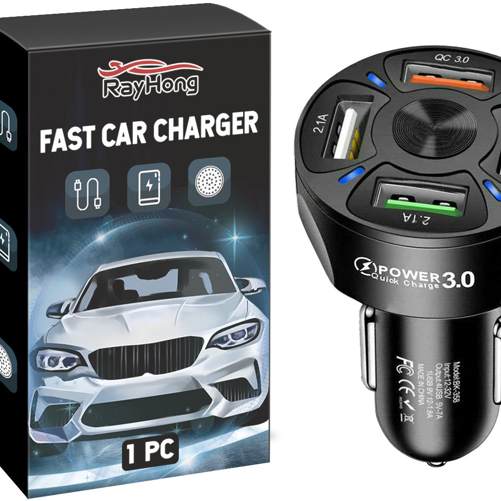 4-Port Fast Car Charger – QC3.0 + 3 USB 2.1A, Multi-Device Charging with Overcharge Protection