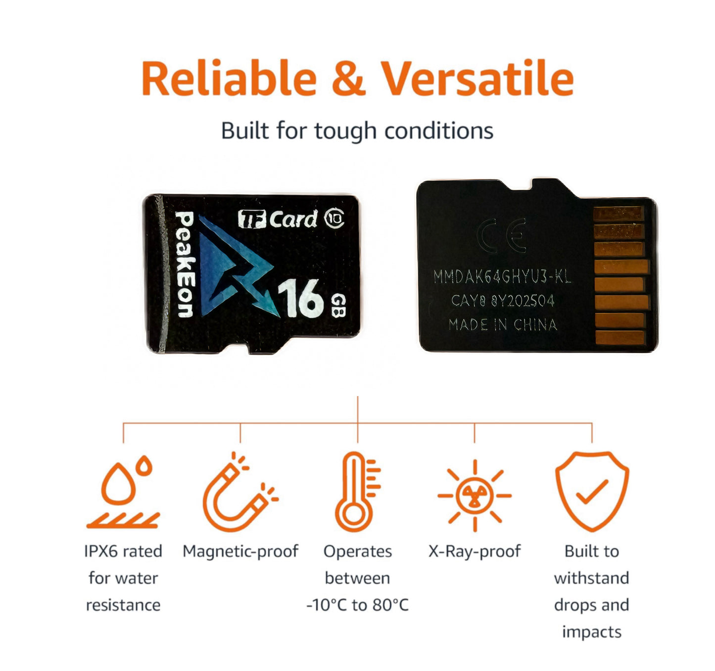 PeakEon MicroSD TF Memory Card,4K/5K UHD, Waterproof, Shockproof,High Speed 130MB/s (16 GB)