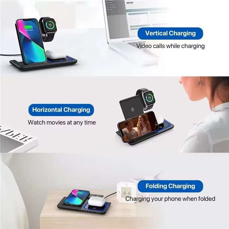 PeakEon Foldable 3-in-1 Magnetic Charging Station, 15W Fast Wireless Charger Stand for Phone, Earphones, Smart Watch,Tablets