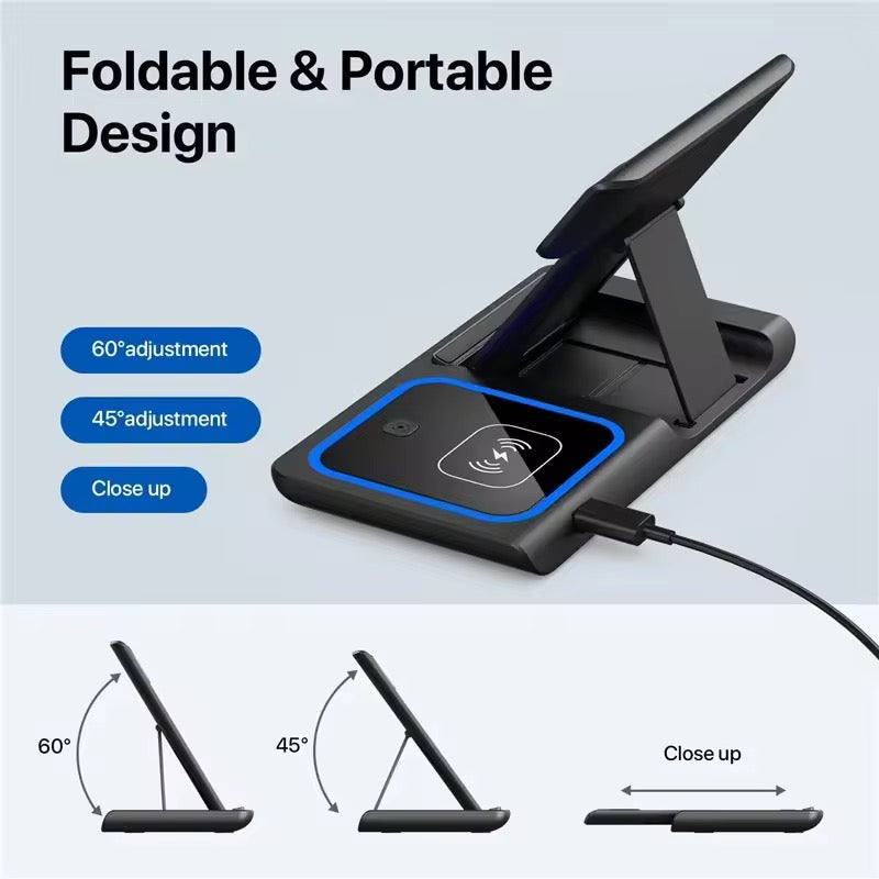 PeakEon Foldable 3-in-1 Magnetic Charging Station, 15W Fast Wireless Charger Stand for Phone, Earphones, Smart Watch,Tablets