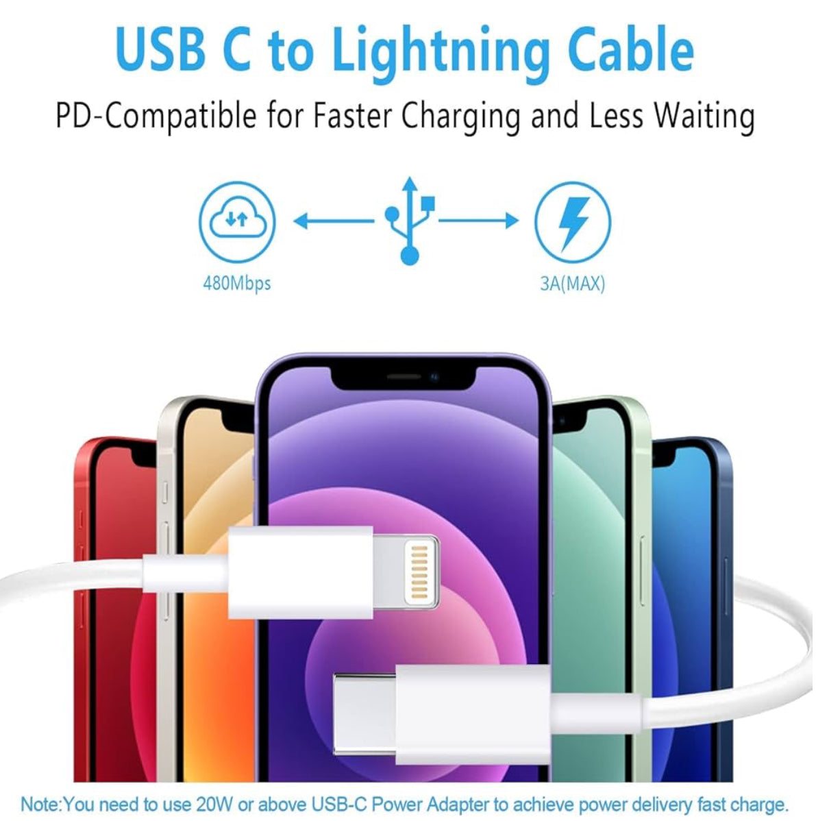 PeakEon 3.3ft (1M) Type-C to Lightning Fast Charging Cable | 60W PD, 3A High-Speed Data Sync for iPhone 14 or older