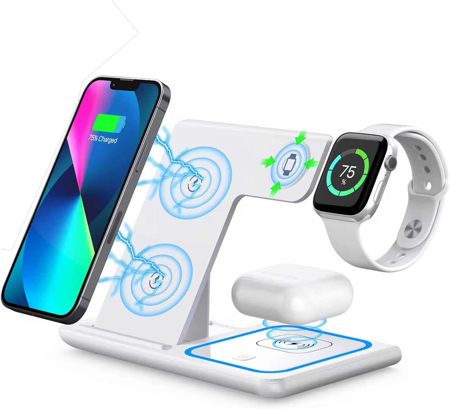PeakEon Foldable 3-in-1 Magnetic Charging Station, 15W Fast Wireless Charger Stand for Phone, Earphones, Smart Watch,Tablets