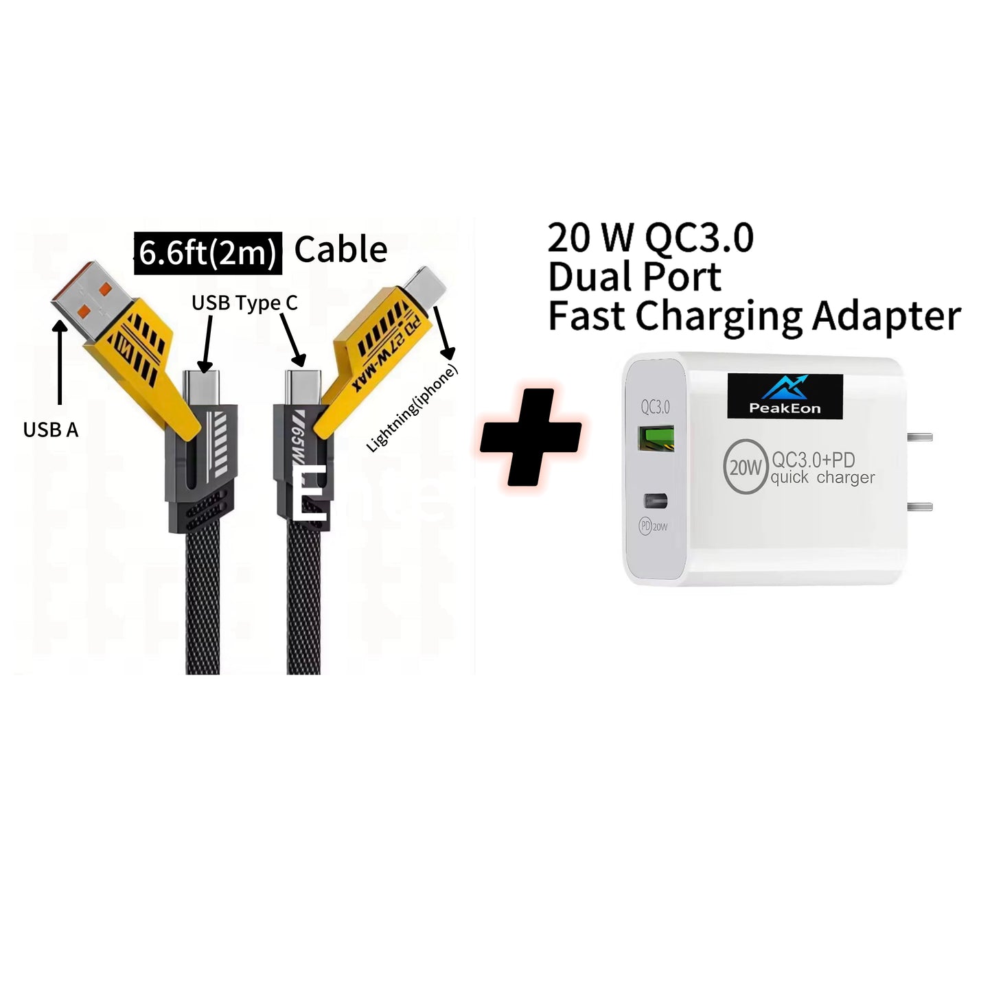 PeakEon 4-in-1 Fast Charging and Data Cable- USB-A to Lightning/Type-C, USB-C to Lightning/Type-C, High-Speed 480Mbps Data Transfer, Durable Nylon Braided Multi Charger