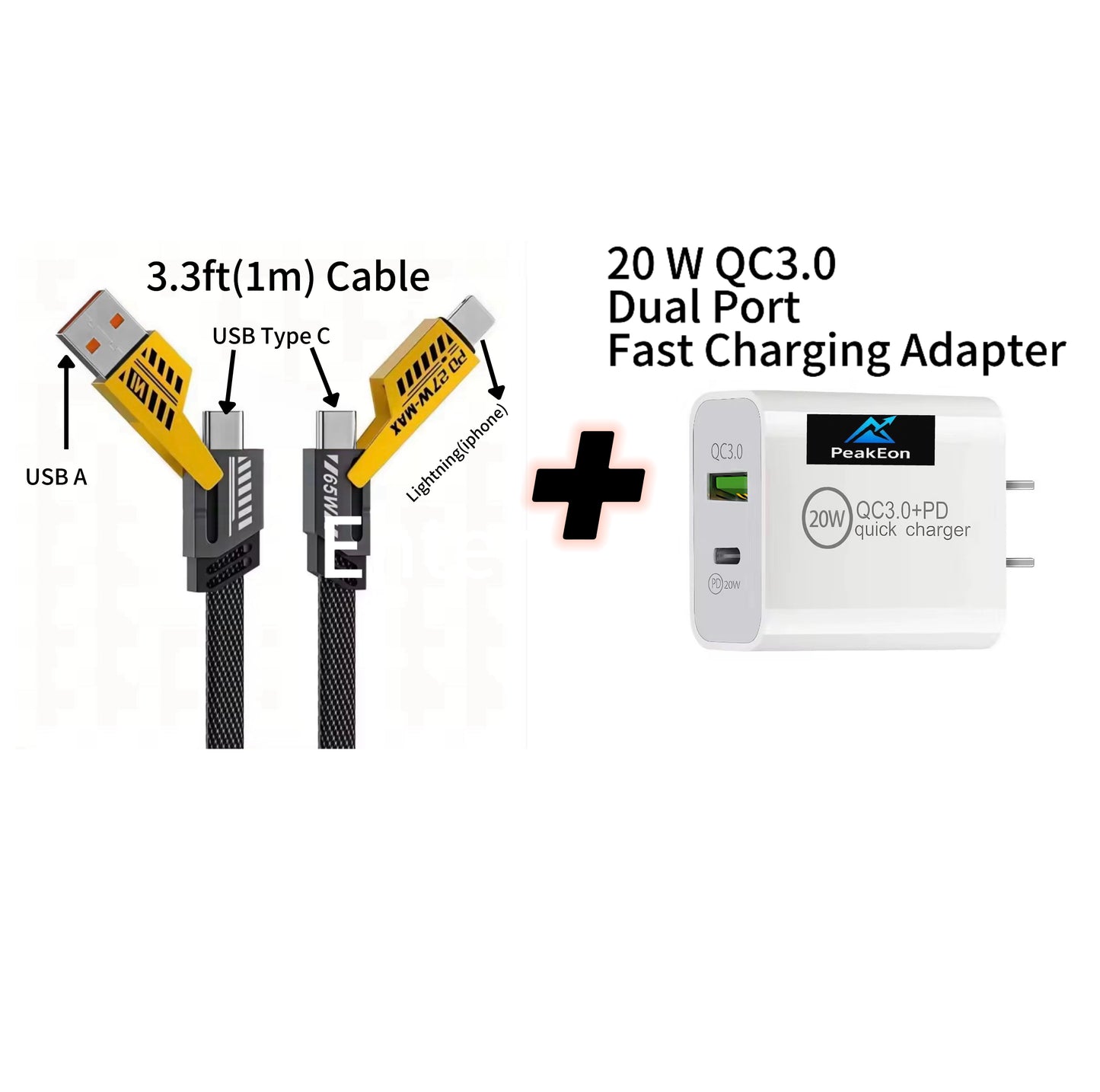 PeakEon 4-in-1 Fast Charging and Data Cable- USB-A to Lightning/Type-C, USB-C to Lightning/Type-C, High-Speed 480Mbps Data Transfer, Durable Nylon Braided Multi Charger