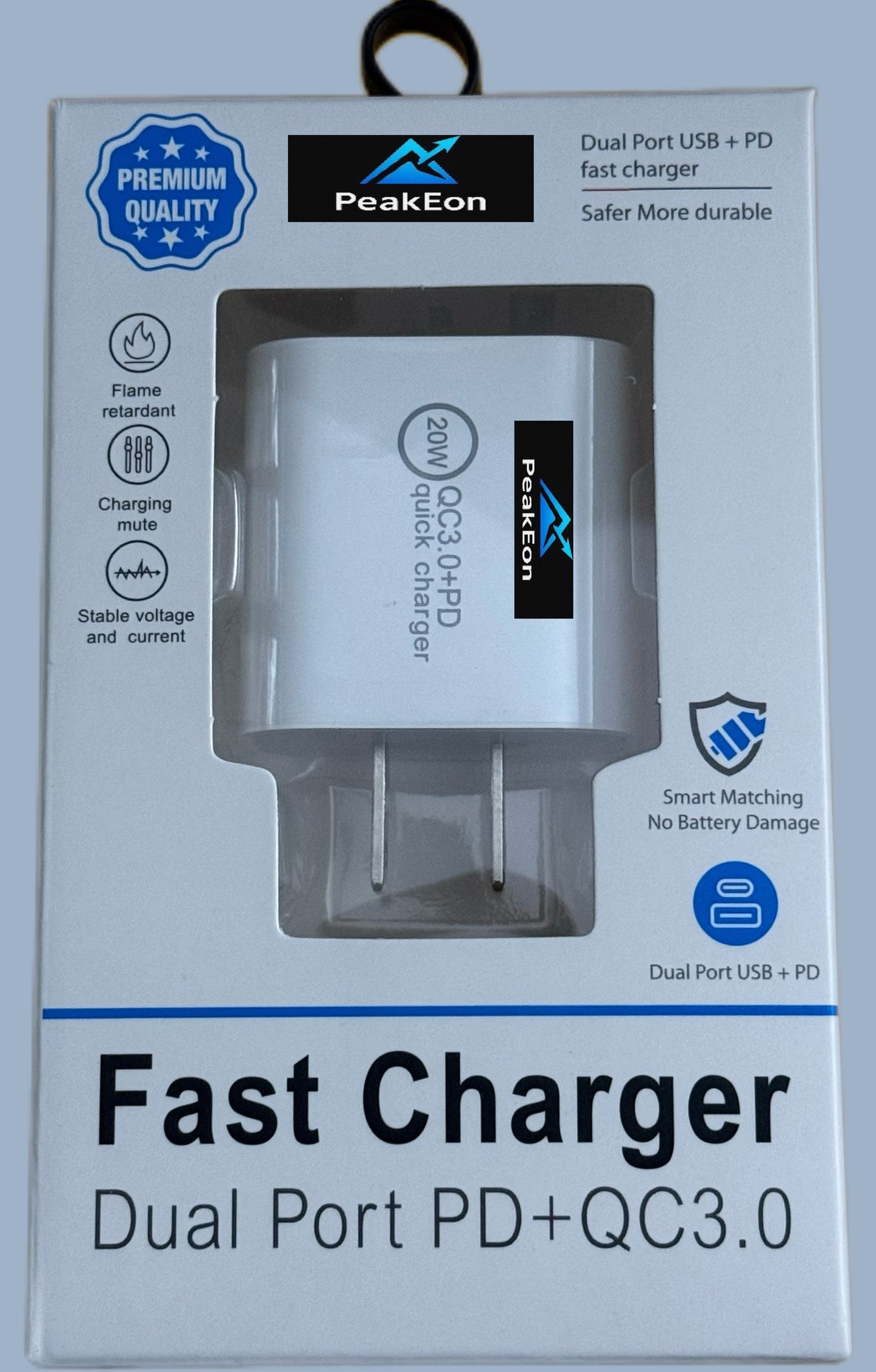 PeakEon Fast Charger Adapter| Dual Port (20W PD Type C + QC 3.0 USB A) with Smart Protection