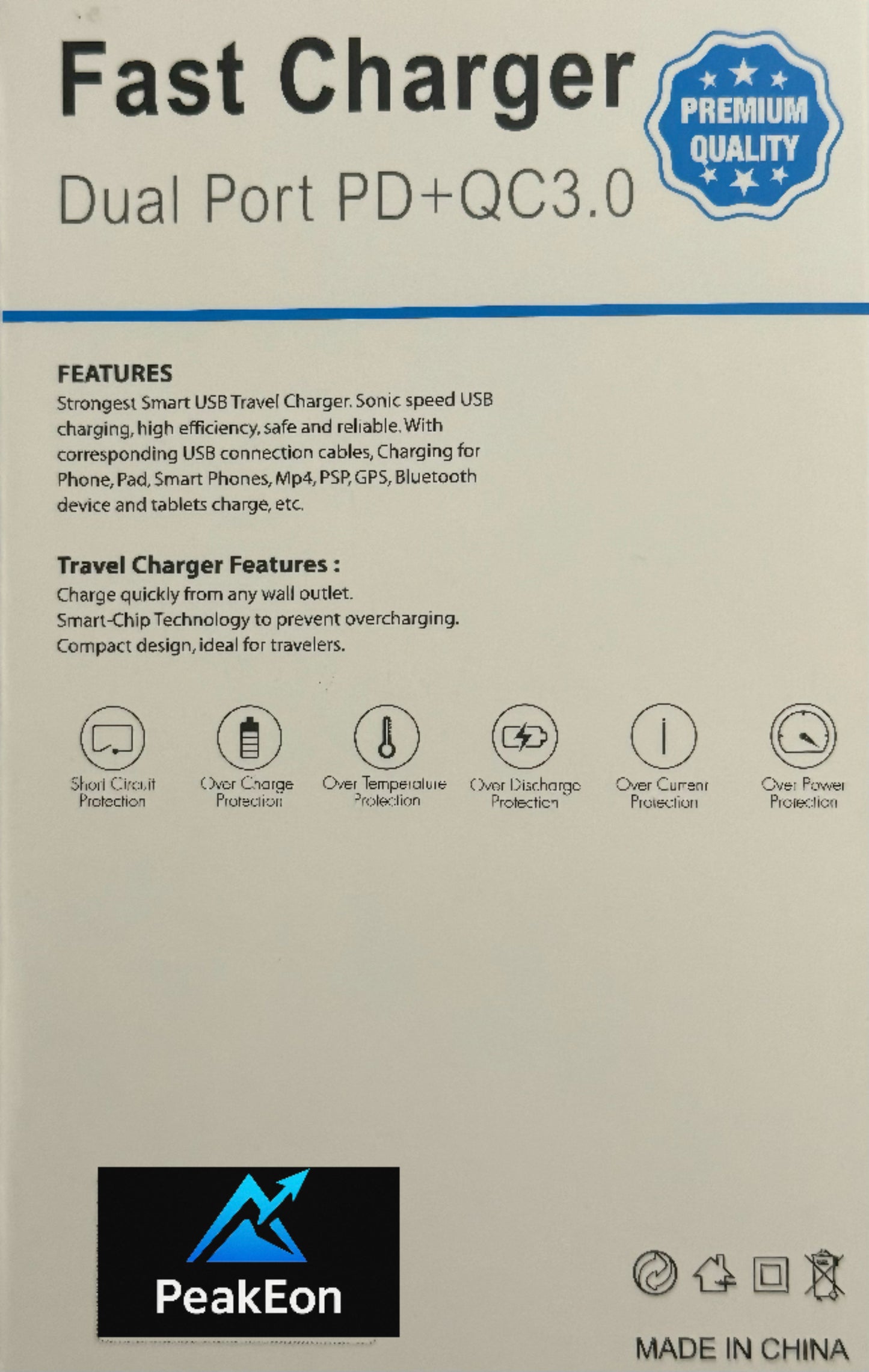 PeakEon Fast Charger Adapter| Dual Port (20W PD Type C + QC 3.0 USB A) with Smart Protection