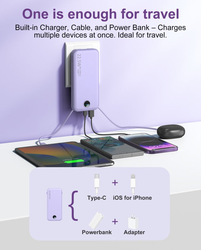 Power Bank 22.5 WQuick Charging with AC Socket, Dual-Wire Hose Design (Type-C + LightLine)