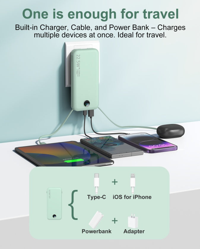 Power Bank 22.5 WQuick Charging with AC Socket, Dual-Wire Hose Design (Type-C + LightLine)