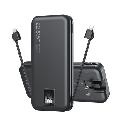12000mAh Portable Charger – Built-in Cables, Wall Plug, 22.5W Fast Charging, LED Display, Multi-Device Power Bank