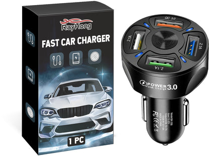 4-Port Fast Car Charger – QC3.0 + 3 USB 2.1A, Multi-Device Charging with Overcharge Protection