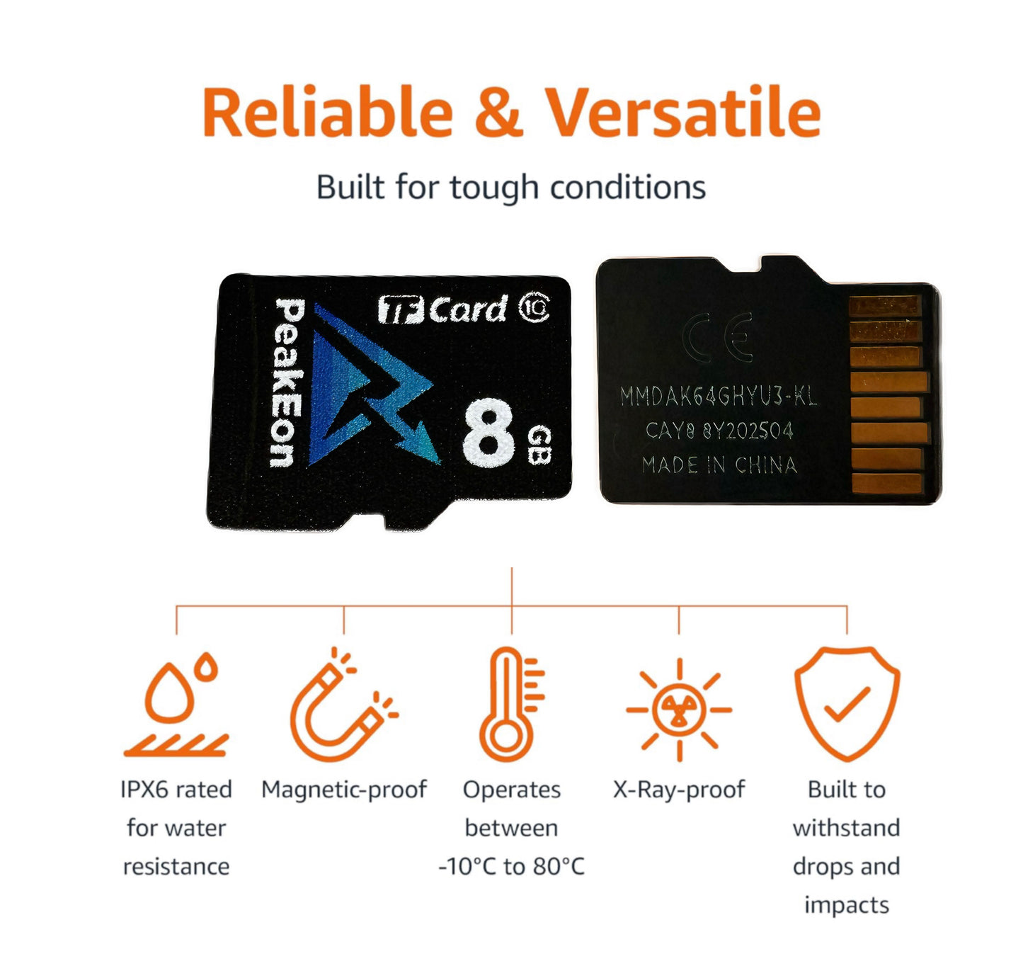 PeakEon MicroSD TF  Memory Card,4K/5K UHD, Waterproof, Shockproof,High Speed 130MB/s (8GB)