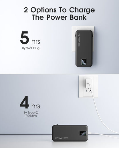 12000mAh Portable Charger – Built-in Cables, Wall Plug, 22.5W Fast Charging, LED Display, Multi-Device Power Bank