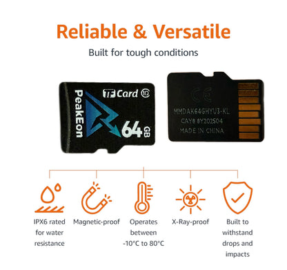 PeakEon MicroSD TF  Memory Card,4K/5K UHD, Waterproof, Shockproof,High Speed 130MB/s (64GB)
