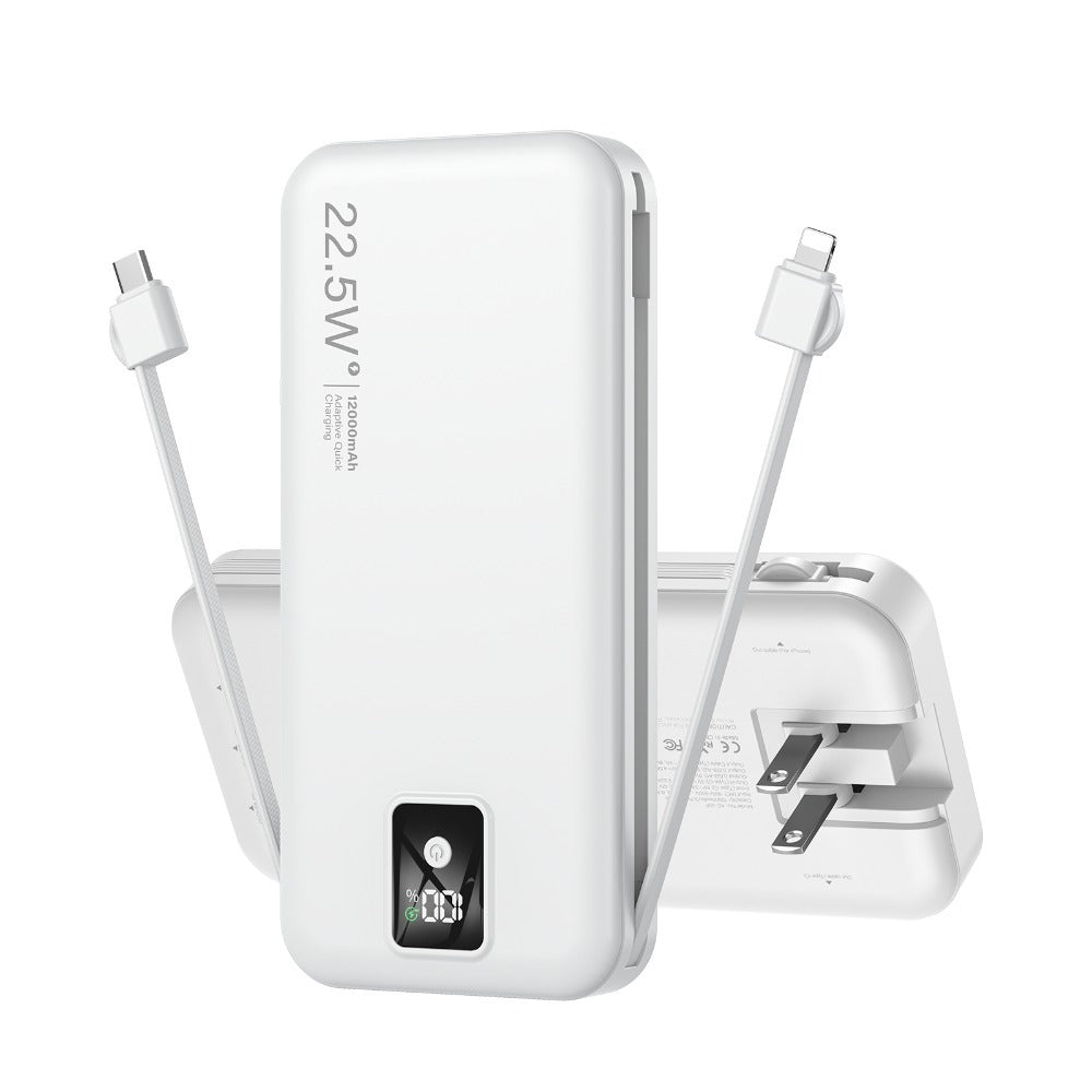 12000mAh Portable Charger – Built-in Cables, Wall Plug, 22.5W Fast Charging, LED Display, Multi-Device Power Bank