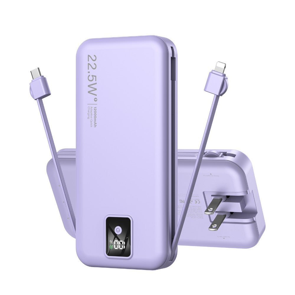 12000mAh Portable Charger – Built-in Cables, Wall Plug, 22.5W Fast Charging, LED Display, Multi-Device Power Bank