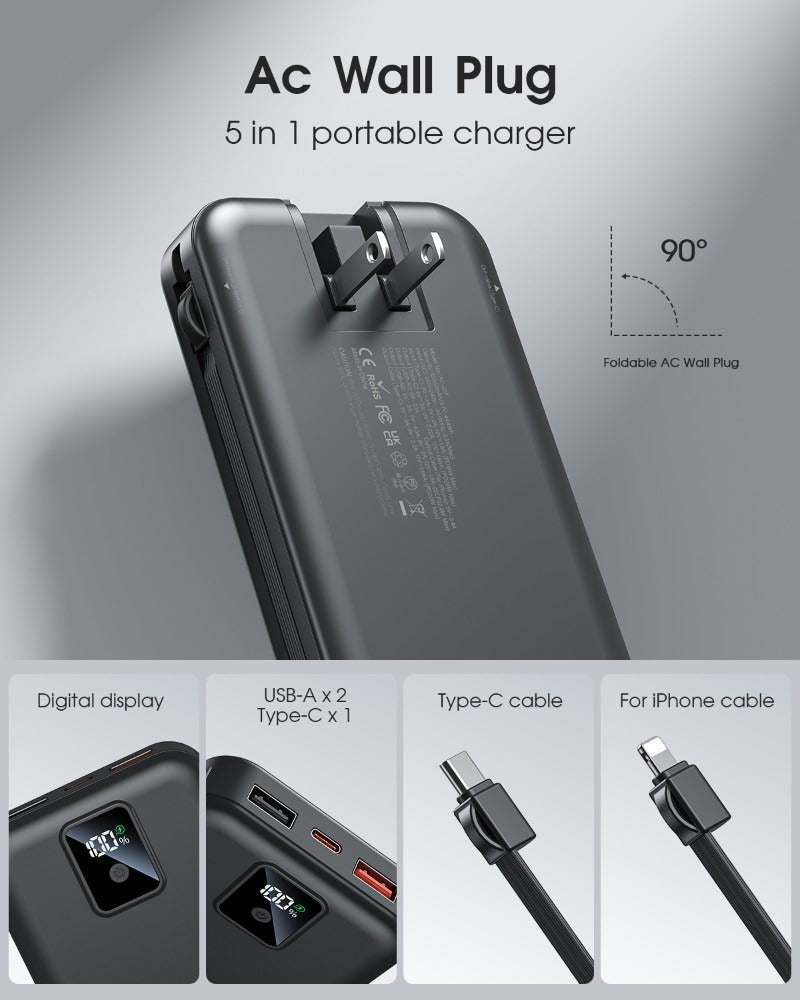 12000mAh Portable Charger – Built-in Cables, Wall Plug, 22.5W Fast Charging, LED Display, Multi-Device Power Bank