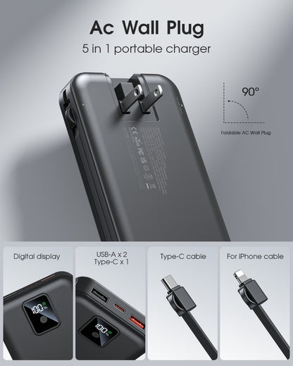 12000mAh Portable Charger – Built-in Cables, Wall Plug, 22.5W Fast Charging, LED Display, Multi-Device Power Bank