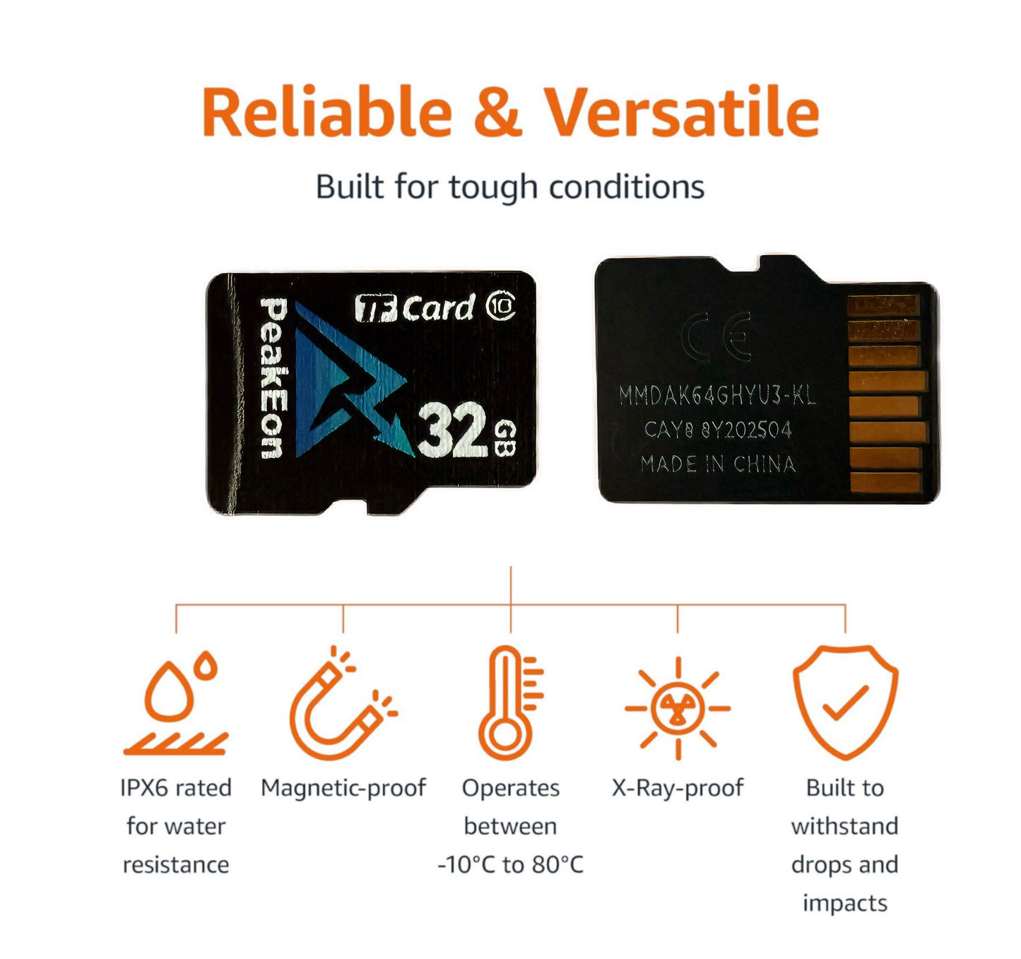 PeakEon MicroSD TF  Memory Card,4K/5K UHD, Waterproof, Shockproof,High Speed 130MB/s (32GB)