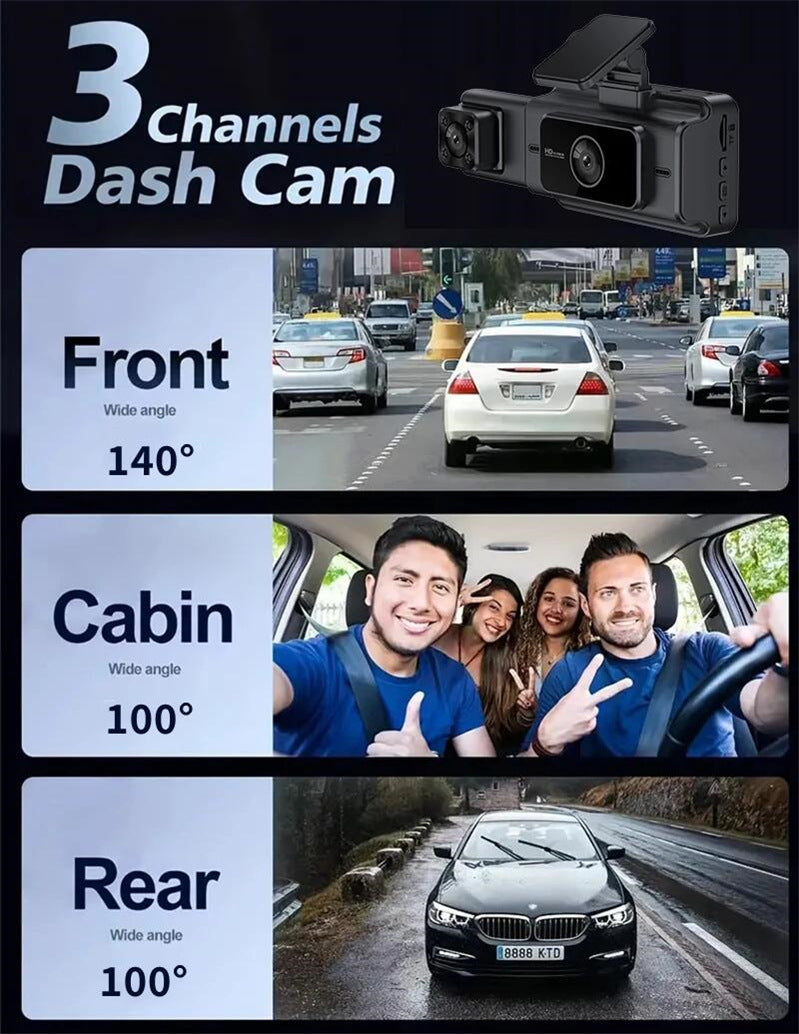 3-Channel Dash Cam with Night Vision – 1080P FHD, WDR, Motion Detection & G-Sensor (Black)