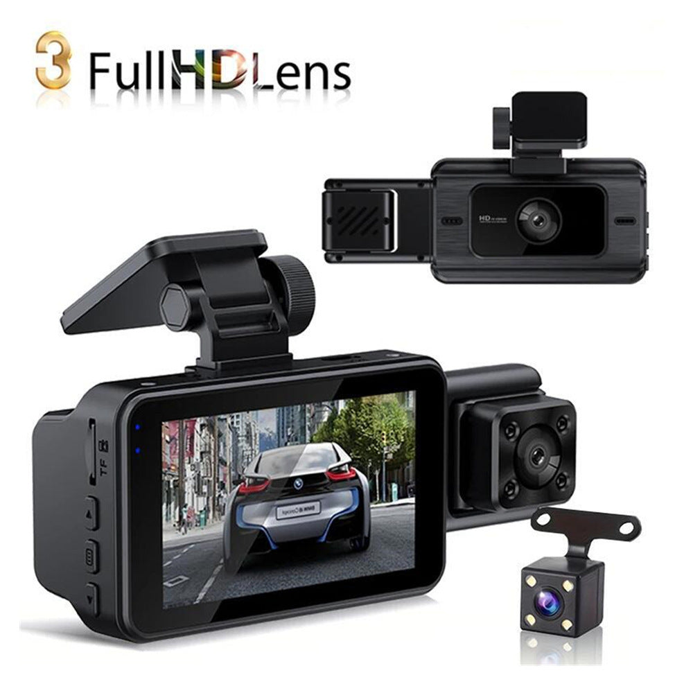 3-Channel Dash Cam with Night Vision – 1080P FHD, WDR, Motion Detection & G-Sensor (Black)
