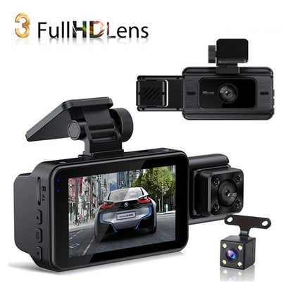 3-Channel Dash Cam with Night Vision – 1080P FHD, WDR, Motion Detection & G-Sensor (Black)