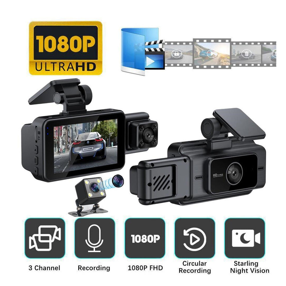 3-Channel Dash Cam with Night Vision – 1080P FHD, WDR, Motion Detection & G-Sensor (Black)