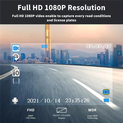 3-Channel Dash Cam with Night Vision – 1080P FHD, WDR, Motion Detection & G-Sensor (Black)