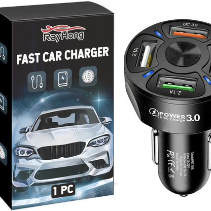 4-Port Fast Car Charger – QC3.0 + 3 USB 2.1A, Multi-Device Charging with Overcharge Protection