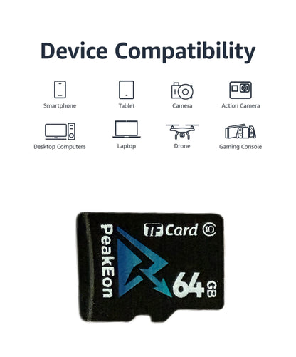 PeakEon MicroSD TF  Memory Card,4K/5K UHD, Waterproof, Shockproof,High Speed 130MB/s (64GB)