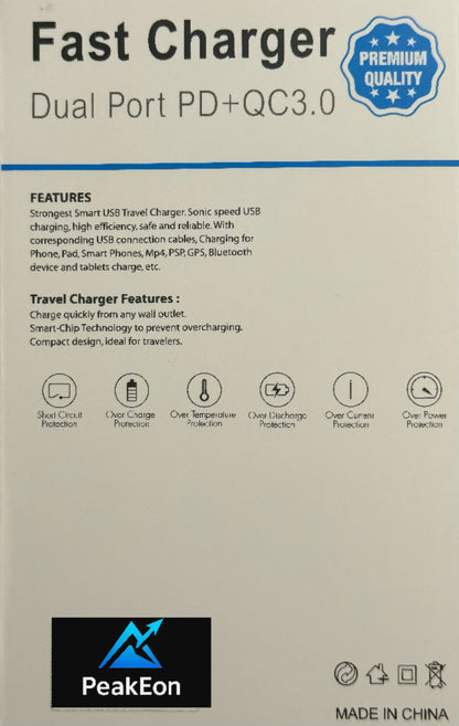 PeakEon Fast Charger Adapter| Dual Port (20W PD Type C + QC 3.0 USB A) with Smart Protection