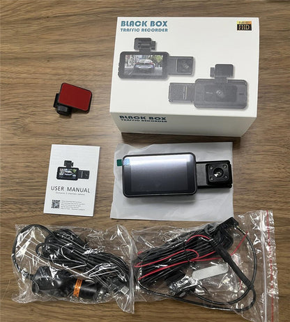 3-Channel Dash Cam with Night Vision – 1080P FHD, WDR, Motion Detection & G-Sensor (Black)