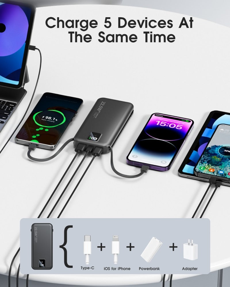 12000mAh Portable Charger – Built-in Cables, Wall Plug, 22.5W Fast Charging, LED Display, Multi-Device Power Bank