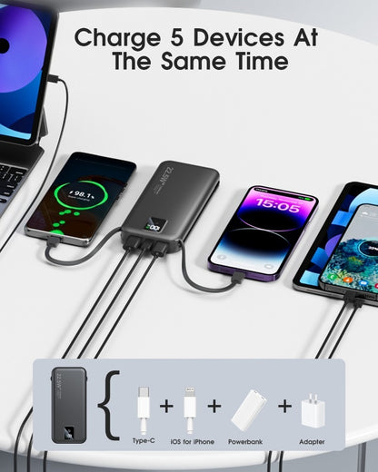 12000mAh Portable Charger – Built-in Cables, Wall Plug, 22.5W Fast Charging, LED Display, Multi-Device Power Bank